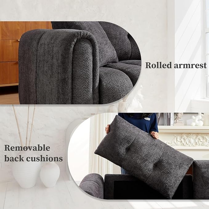 91.5" W Cloud Boucle Sofa for Living Room, Modern Comfy Boucle Couch with Rolled Arms and Soft Pillows, Teddy Oversized Loveseat for Apartment, Studio, Bedroom, Dark Grey