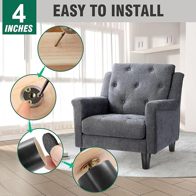 FoDau770 Black Rubber Wood Furniture Legs 4 Inches, Straight Tapered Wood Feet Mid Century Sofa Legs Set of 8, 5/16" UNC Furniture Feet for Cabinet Couch Dresser Chair Ottoman Table