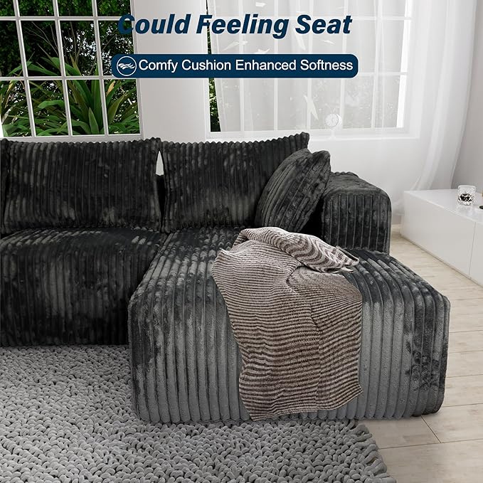 3 Seater L Shaped Sofa with Deep Seat, 101" Cloud Sectional Couch with Chaise, Cozy Modular Couches Sleeper, Oversized Corduroy Sofa for Living Room Bedroom Apartment, Dark Grey