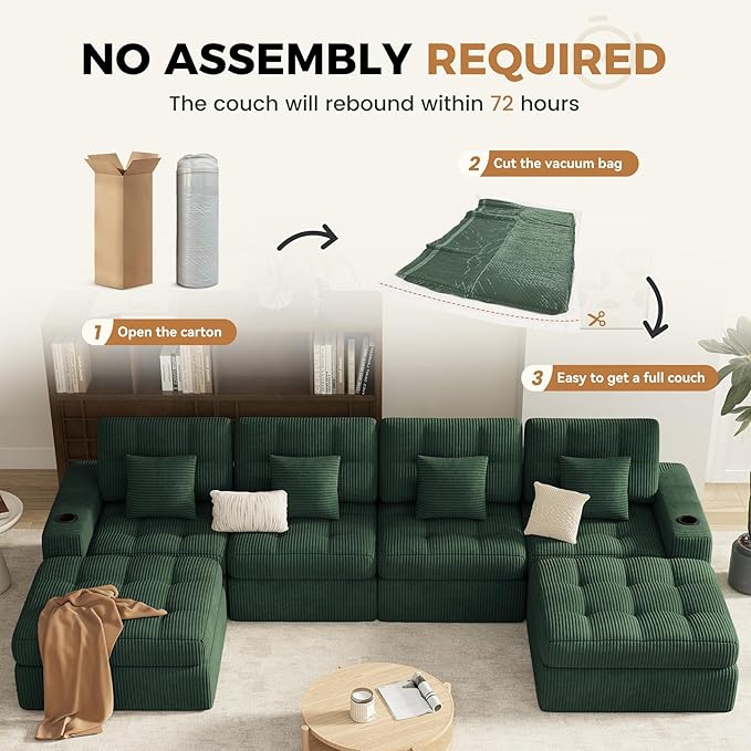 144" U Shaped Cloud Boneless Couch,Modern Modular Sectional Sofa with Layered Cushion,No Assembly Convertible Corduroy Couches for Living Room,Green 1 PCS