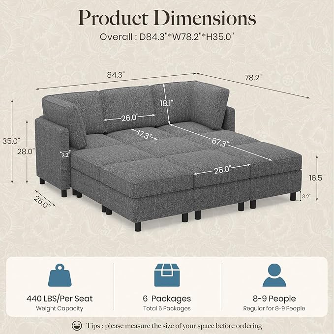 Belffin 84.3" 9 Seats Sleeper Sofa Modular Sectional Sofa Washable Sectional Couches for Living Room Comfy Couches with Storage Seat Couch Sofas with Chaise,Grey