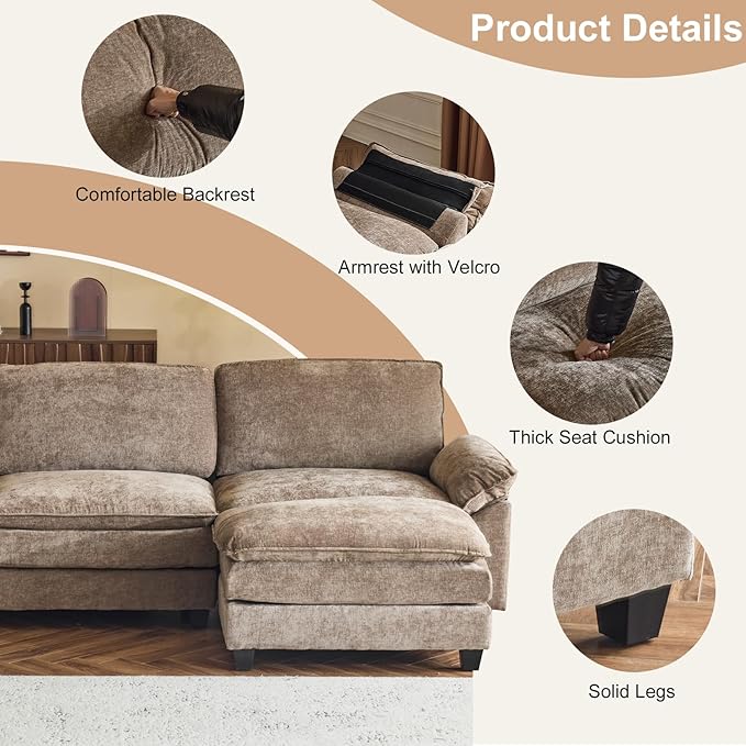 Karl home Chenille Modular Sectional Sofa 3 Seats with 1 Ottomans Sofa Couch L-Shaped Design, Comfy Upholstered Furniture for Living Room, Apartment, Studio, Office, Light Brown
