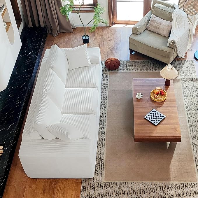 91.7" Boneless Sofa Couch with Layered Cushion,3 Seater Cloud Couch with Deep Seat,Upholstered Corduroy Floor Sofa with Removable Cover &Throw Pillows for Living Room,No Assembly, Beige