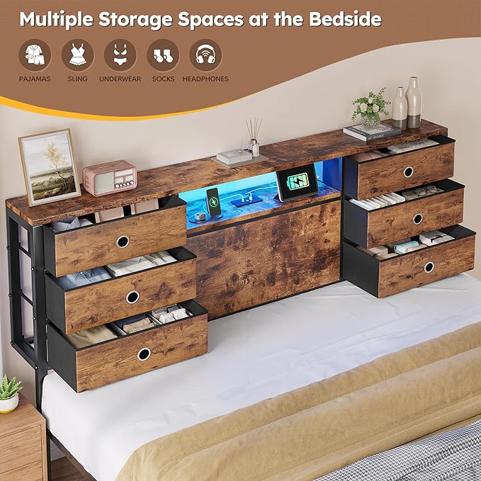 Homkdom King Size Bed Frame with 9 Fabric Storage Drawers, LED Lights & Charging Station, Metal Platform Bed Frame with Headboard Storage,No-Noise,Easy Assembly,Modern Brown