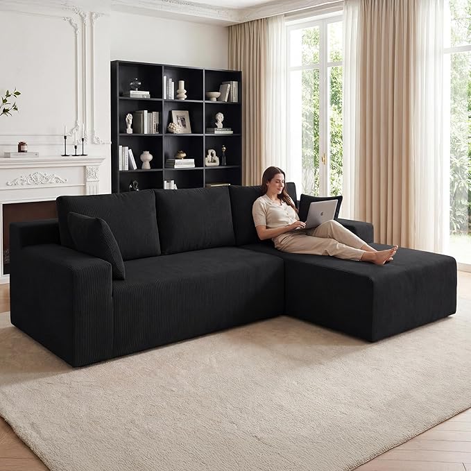 Cloud Sectional Boneless Couches for Living Room, Modular L Shaped Couch with Deep Seat Oversized Right Facing Chaise, Memory Foam Compressed Spineless Sofa for Bedroom, Fine-Striped Black | Washable Covers, Flexible Modular, High-Resilience Foam, Cat-...