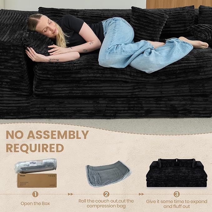 Belffin Double Chaise Lounge Sofa Bed Plush Corduroy Boneless Sectional Cloud Couches for Living Room Boneless Cloud Couch with Deep Seat No Assembly Required. Black Sofa