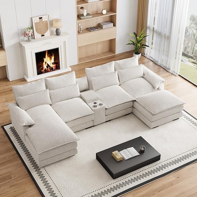 135" U Shaped Cloud Couch Sectional Modular Sectional Couches for Living Room Oversized Comfy Chenille Sofa Cloud Couch Set with Storage Central Console, USB Ports, Chaise Lounge, Ottoman, Cream White