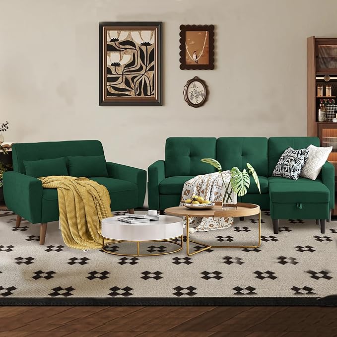 Convertible Sectional Sofa Set, Small L Shaped 3-Seat Couch with Reversible Chaise and Accent Chair, Modern Polyester Sofas Couches for Living Room, Green | L Shaped 3-Seat, Reversible Chaise, Accent Chair, Modern, Polyester, Living Room