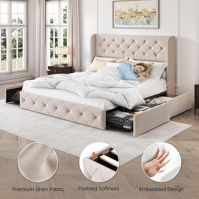 LARMACE Queen Size Bed Frame with 4 Storage Drawers and 47.2" Tall Tufted Headboard Linen Upholstered Platform Bed Frame Wingback Beds with Wooden Slats Support, Easy Assembly, Beige