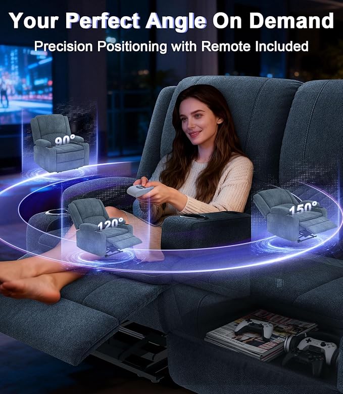 Power Loveseat Recliner Sofa, Removable Armrest 3 Seats Power Reclining Loveseat with Remote Liftable Console, Wall Hugger RV Theater Seating with Storage & USB & RGB (Fabric, Blue)