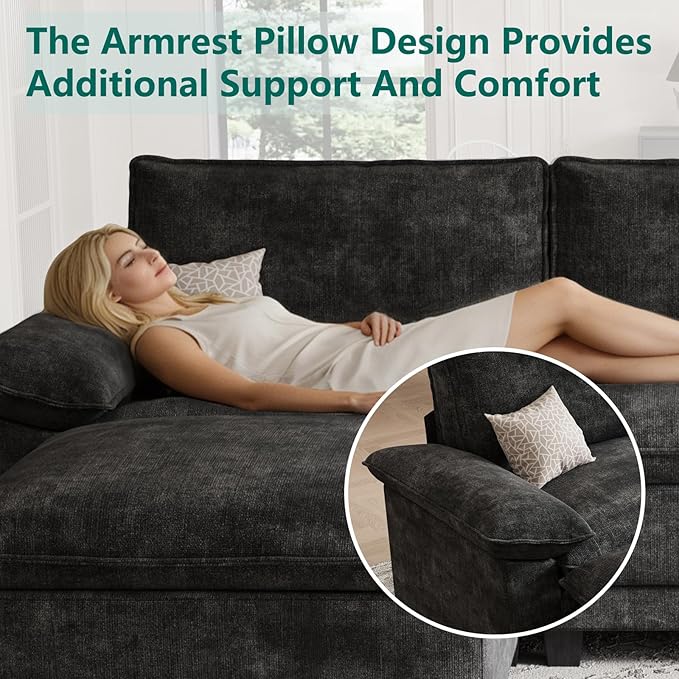 Modern L Shaped Sofa Couches for Living Room, Modular Sectional Cloud Couch with Movable Ottoman, Comfy Chenille Sofa for Apartment and Small Space, Black