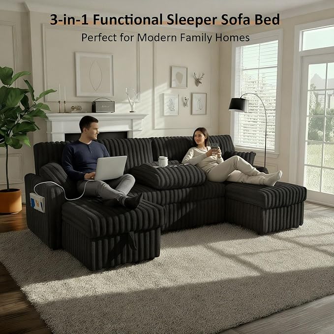 104" U Shaped Sleeper Sofa Bed, Sectional Couches for Living Room, Plush Corduroy Pull Out Couch Bed with Storage, Modular Sectional Couch with Charging Station, Cup Holder, Side Pocket, Black
