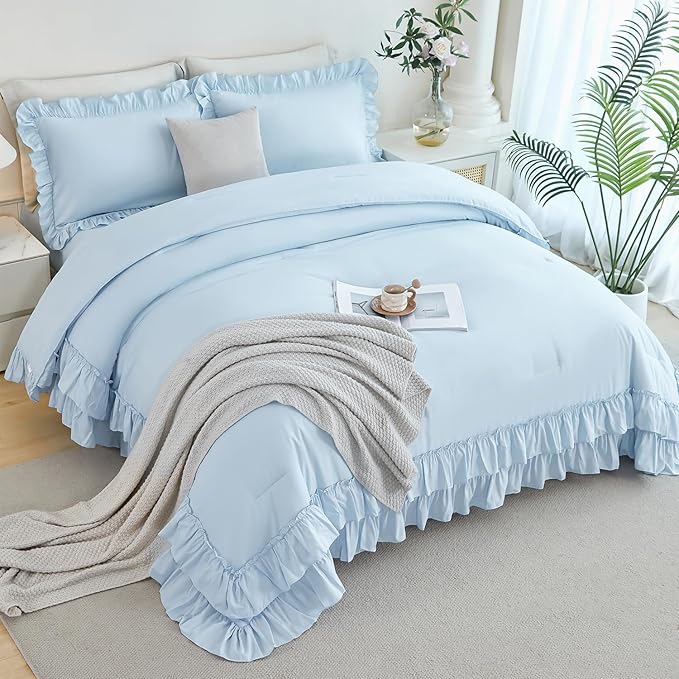 ANGIYUIN 5Pcs Queen Ruffle Comforter Sets Light Blue Double-Layer Ruffled Bedding Sets Vintage Farmhouse Bed Sets Solid Elegance Ruched Bed in A Bag for Women(Light Blue Queen)