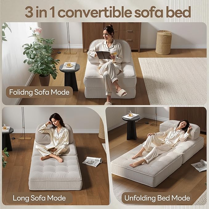 Dowinx Folding Sofa Bed with Pillow, Convertible Comfy Couch Bed for Adults Home Lounge and Gaming, Modern Comfortable Design for Apartment Living Room Bedroom, Single, Ribbed Velvet, White