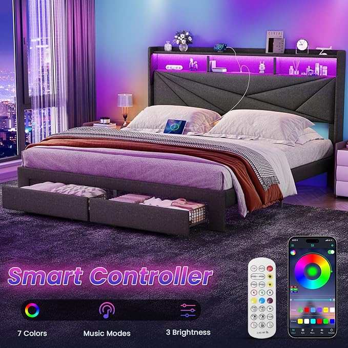 Driftalia King Size Bed Frame with 2-Tier Storage Headboard, Upholstered King Bed Frame with 2 Drawers, Charging Station and LED Lights, No Box Spring Needed, Easy Assembly - Dark Grey