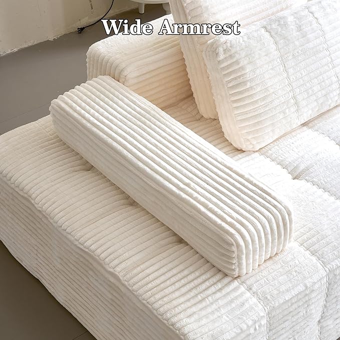 Modular Sectional Sofa with Movable Handrails, Straight-Row Boneless Sofa Sectional Couch for Living Room, Deep Seat Memory Foam Faux Rabbit Fur Fabric Sofa, No Assembly Required (White)