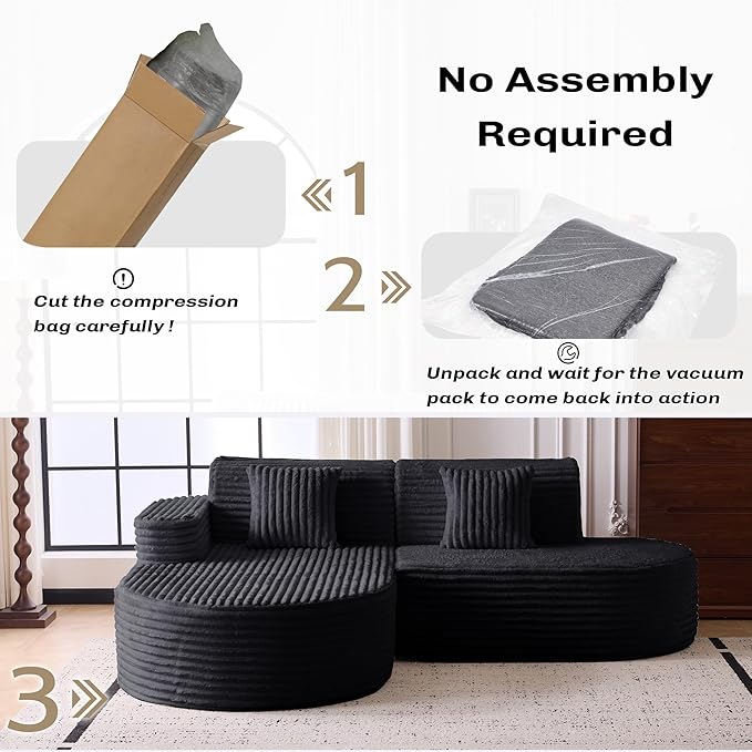 Modern Curved Boneless Sofa Couch, L-Shaped Corner Sofa, Corduroy Upholstered Cloud Sectional Couch for Living Room, Bedroom and Apartment,No Assembly Needed(Black, Left Hand Facing)