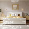 Christopher Knight Home Chenzi Linen Upholstered Queen Bed Frame with Headboard and Footboard, Wooden Platform Queen Size Bed Frame and Double-Layer Oval Legs, No Box Spring Needed, White