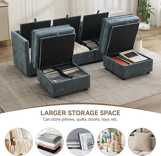 80" Cloud Modular 3 Seater Sofa with 2 Storage Ottoman, Modern Upholstered Storage Sofa Couch Deep Seat, U Shape Sectional Sofa Chenille Comfy Couch with Armrests for Living Room, Small Space, Blue | Modular Sofa, Storage Ottoman, Upholstered Sofa, Sec...
