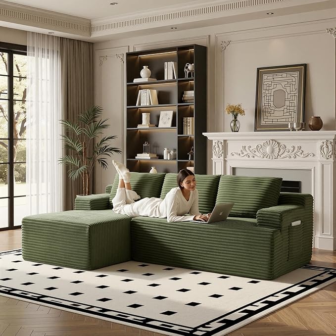 96" Sectional Couches for Living Room Cloud Couch Sofa with L-Shape Upholstered Boneless Couchs Modern Modular Sectional Couch with Chaise (Green, 96" W+Left Facing Chaise+2Seaters)