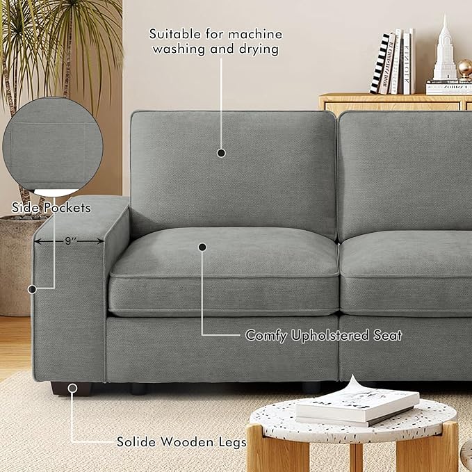 TEKAMON 100" Modular Sectional Sofa with Seats Storage, L Shape Couch with Movable Ottoman for Living Room, Couch with Chaise, Solid Wood Frame, Spring Cushions, USB Port, Removable Covers, LightGrey