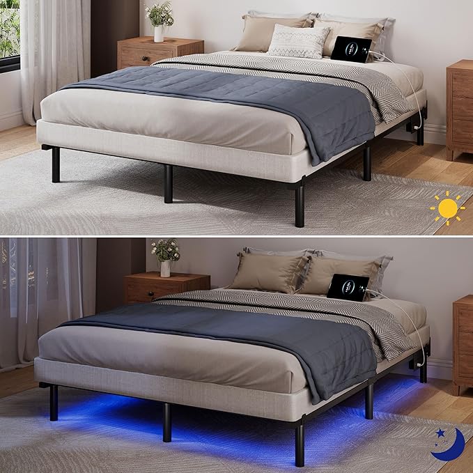 SHOANED King Size Bed Frame with LED, 7 Inch Metal Steel Bedframe for Box Spring and Mattress, Heavy Duty Basics Bed Base, Noise Free, Easy Assembly, Black, Adjustable