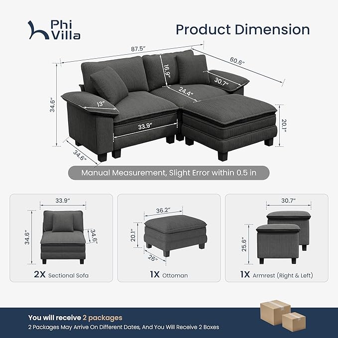 PHI VILLA Cloud Modular Couches Sets, 87.5" Sectional Loveseat Sofa with 1 Movable Ottoman, 3-Seater Comfy Couches for Living Room Apartment, Corduroy Fabric, Grey