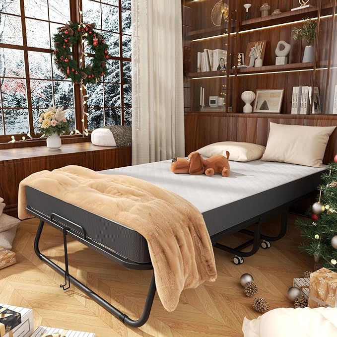 Foldable Single Bed for Adults – 75” x 31” Portable Rollaway Cot with 5" Memory Foam Mattress, Sturdy Metal Frame & Wheels – Space-Saving Guest Bed