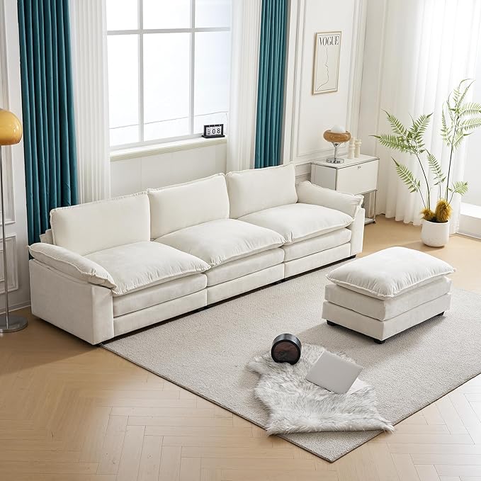 Karl home Sectional Sofa Modular Deep Seat Sofa Couch with Ottoman, Chenille Sofa Sleeper Comfy Upholstered Furniture for Living Room, Apartment, Studio, Office, (3-Seat & 1-Ottoman, Beige)