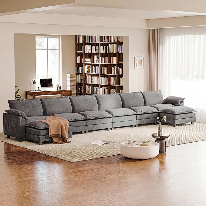 232.28'' Oversized U Shaped Couch, Modular Sectional Sofa with 2 Movable Ottoman, Chenille Cloud Couches with Double Layer Cushion, Thick Cushions Couches for Living Room (Light Grey, Oversized Sofa)