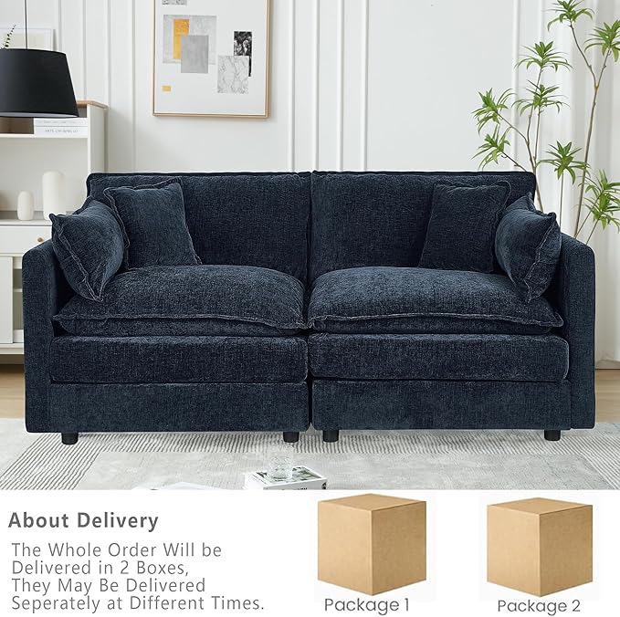 Setawix Chenille Loveseat Sofa Couch with Deep Seat,Large 2 Seater Cloud Couches for Living Room,77.16" Roomy Cloud Sofas,Modular Sectional 2 Seat Sofa with Pillows for Bedroom. (Blue, 2 Seater)