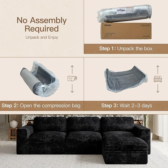 Belffin Boneless Cloud Modular Sectional Sofa 3-Seater L Shaped Couch with Ottoman Convertible Sofa Bed Plush Corduroy Cloud Sectional Couches for Living Room. Black Sofa