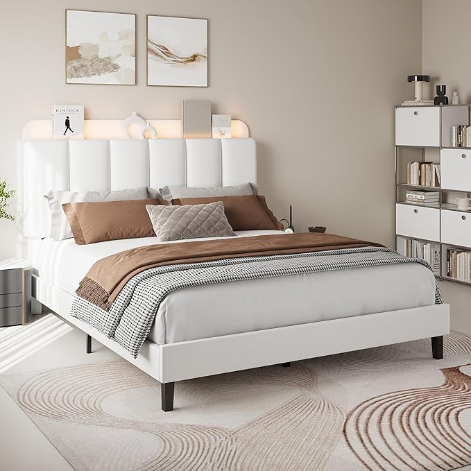 BarnFurin Queen Bed Frame with LED Lights, Upholstered Bed Frame Queen Size with Storage Headboard, Modern Platform Design Noise-Free, No Box Spring Needed, Easy Assembly, White