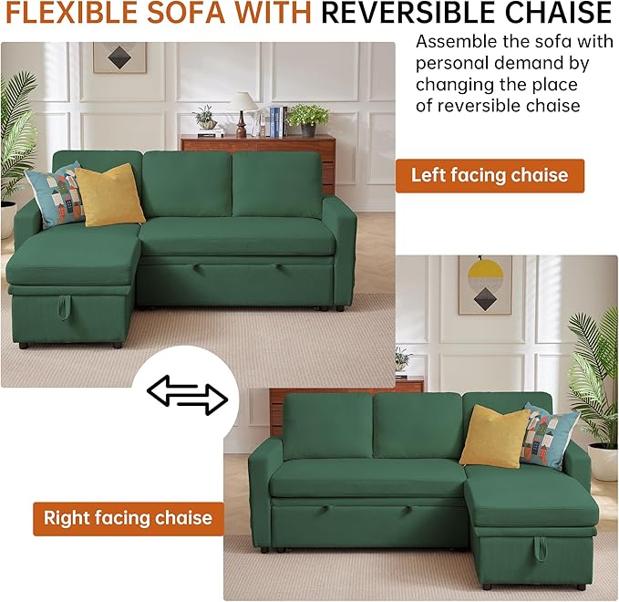 79" Sleeper Sofa Bed, 3-in-1 Convertible Sofa Pull Out Couch with Storage | Reversible Chaise | L Shaped | Layered Storage | 3-Seater Comfy Sectional Couch Pullout Bed for Living Room