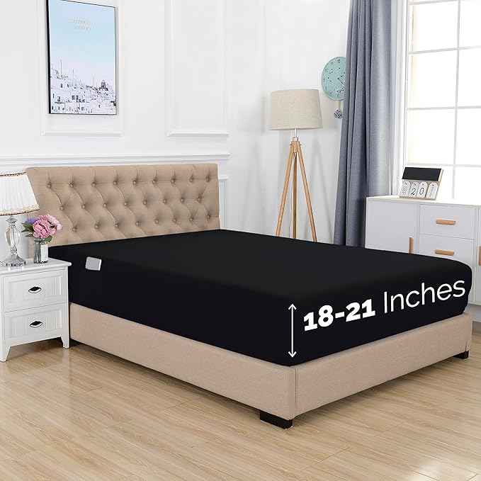 Elegant Comfort 1500 Premium Hotel Quality 18-21 Inches Deep - Extra Deep Pocket Single Fitted Sheet for High Mattress, Luxury and Softest, Smart Pocket - Wrinkle Free, Twin/Twin XL, Black
