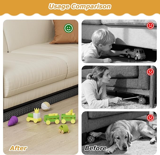 Under Couch Blocker 3 in x 13 ft, Adjustable Elastic Sofa Blocker to Prevent Kids and Pets Toys, Strap Barrier Gap Bumper Couch Guards for Bottom Standard Sofa, Bed, Furniture with Straight Legs