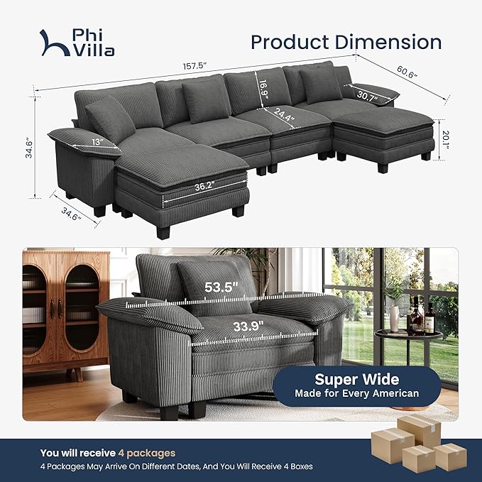 PHI VILLA Cloud Modular Couch Sets, 157.5" Large Sectional Sofa with U-Shaped Chaise, 6-Seater Couches with Movable Ottomans for Living Room, Corduroy Fabric, Grey