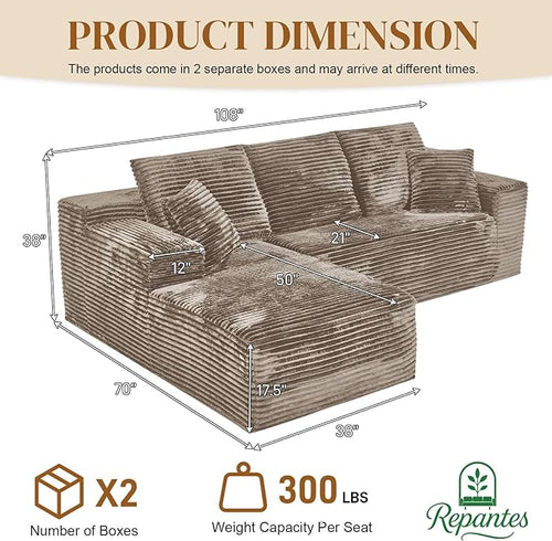 108" L Shaped Boneless Sectional Couches for Living Room, Comfy Corduroy Floor Cloud Sofa with Chaise, Wide Armrest, Deep Seat, Memory Foam, Assembly Free, Ideal for Small Spaces, Brown