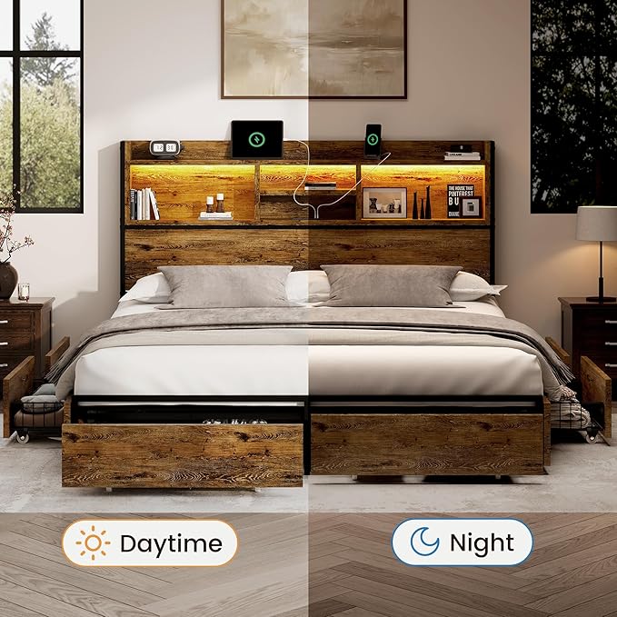 BRELTAM Queen Storage Bed Frame with 6 Drawers, USB Charging Station, No Noise, No Box Spring Required, Vintage Brown Headboard Platform Bed