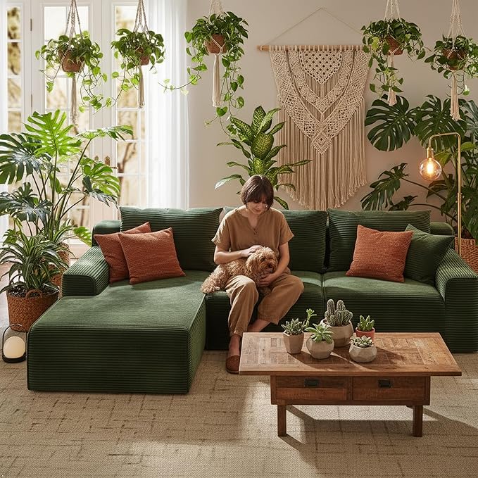 97" Cloud Couch Sectional, L-Shaped Corduroy Fluffy Modular Sofa with Deep Seat, Boneless Comfy Couches for Living Room,Bedroom, Left Facing Chaise, No Assembly Required (Green)
