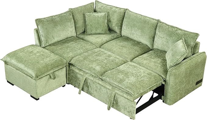 LUMISOL 82.7" Convertible Sleeper Sofa Bed with Storage Ottoman, L-Shaped Sectional Sofa with Pull Out Bed, USB Ports, Chenille Sleeper Sofa Couch with Chaise for Living Room, Green