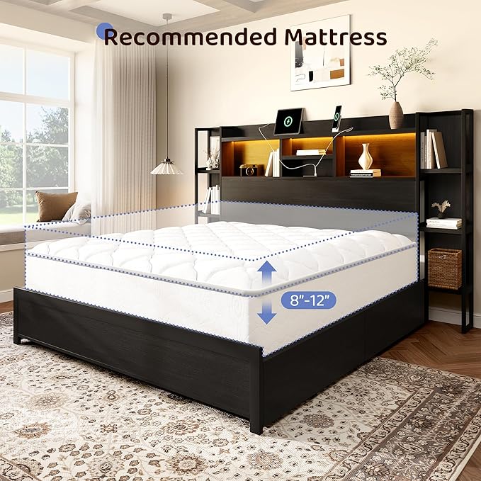 BRELTAM Queen Size Bed Frame with 4 Storage Drawers and Headboard Featuring Shelf Storage, Wooden Platform Bed Frame with LED Lights and Charging Station, Easy Assembly/No Box Spring Needed/Black