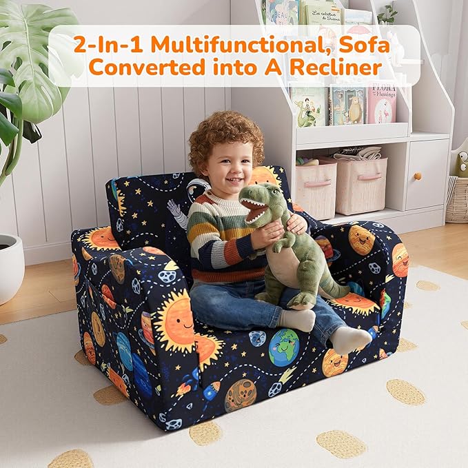 MeMoreCool Folding Kids Couch – 2-in-1 Toddler Sofa Bed & Lounge Chair | Astronaut Print | Fold-Out Design | Washable Cover | Ages 1–3