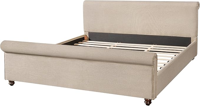Christopher Knight Home Chenzi Linen Upholstered King Bed Frame and Headboard with Footboard, Wooden Platform King Size Bed Frame and Double-Layer Oval Legs, No Box Spring Needed, Sand Brown