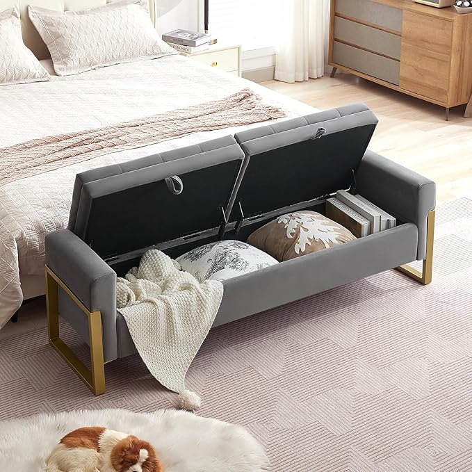 67" Storage Bench for Bedroom, End of Bed Bench King Size, Double Lids Ottoman Bench with Golden Legs Foot of Bed, Upholstered Velvet Storage Bench for Window Living Room Entryway, Dark Grey