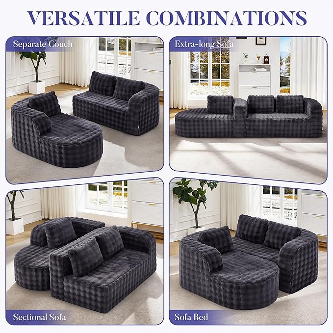 Hobestluk 96" Cloud Sectional Couch Modern Boneless Couch 3 Seater with Oversized Chaise L Shaped Modular Sofa Couches for Living Room Apartment No Assembly Required (Bubble Grey, Left Facing Chaise)