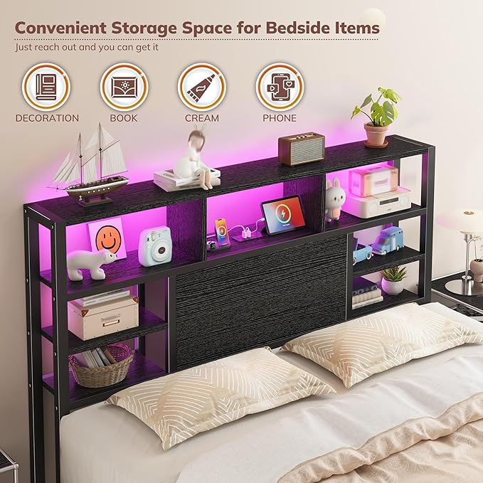 Homkdom Full Size Bed Frame with Storage Headboard, LED Lights & Charging Station Heavy Duty Metal Platform Bed for Small Bedrooms, 1100 LBS Capacity, No Box Spring Needed, Easy Assembly,Black