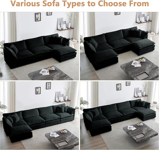 mikibama Modular Sectional Sofa, 146.5 Inch L Shaped Couch Set for Living Room, 4-Seater Comfy Cloud Couches with Movable Ottoman, DIY Combination, Chenille, Black