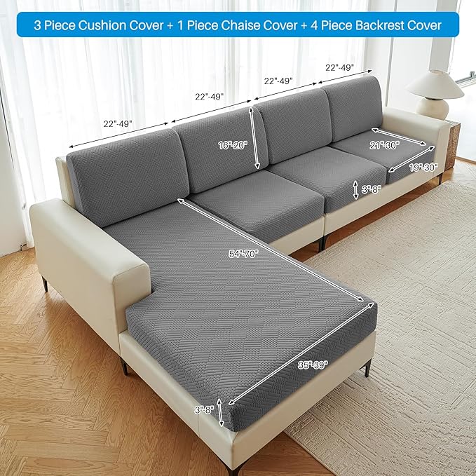 Deep Dream Sectional Couch Covers 8 Pieces, Stretch Couch Cushion Covers, L Shaped Washable Sofa Covers for Left/Right Sectional Sofa (4 Backrest Cover + 3 Seater + 1 Chaise, Dark Grey)