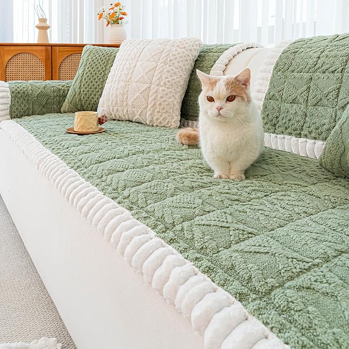 Sofa Pad, Plush Couch Cover Washable for Pet, Non-Slip Warm Couchs Cover, Funny Fuzzy Pet Couch Covers for Sofa, Sofa Slipcovers Furniture Covers for L Shaped(Green, 27.6"x 82.7")